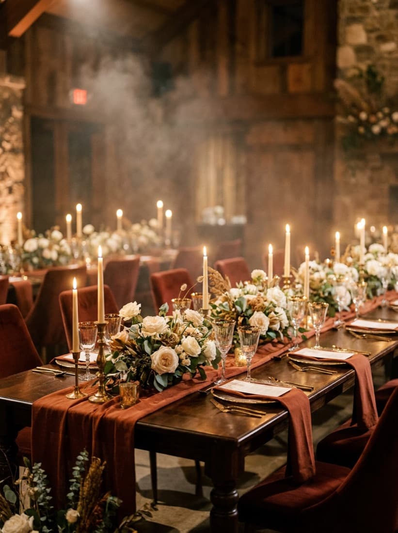 A reception table with ivory roses and candles