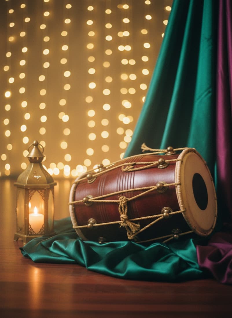A dhol drum against jewel-tone drapes