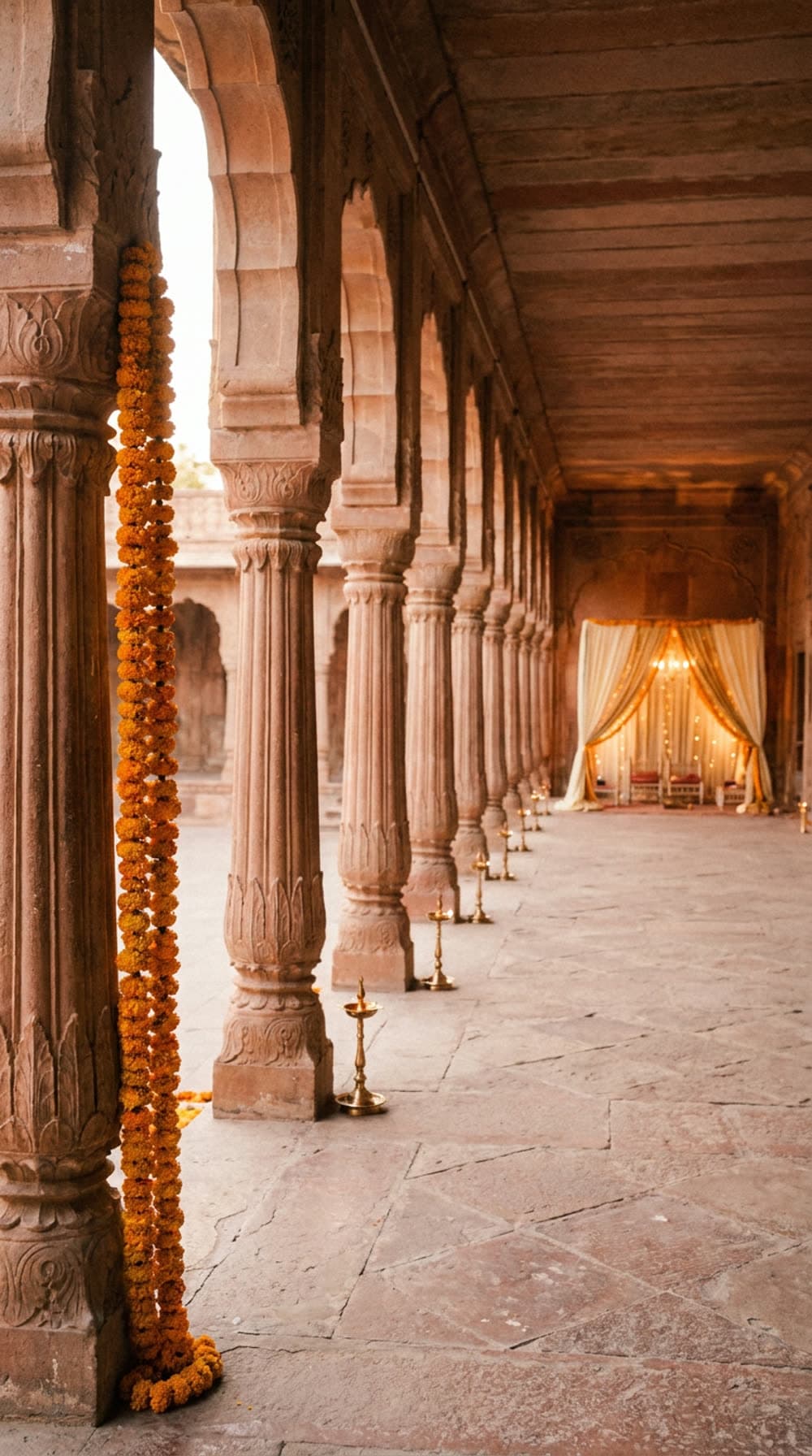 A sandstone haveli colonnade receding toward a flower-draped mandap, a marigold garland hanging on the nearest pillar